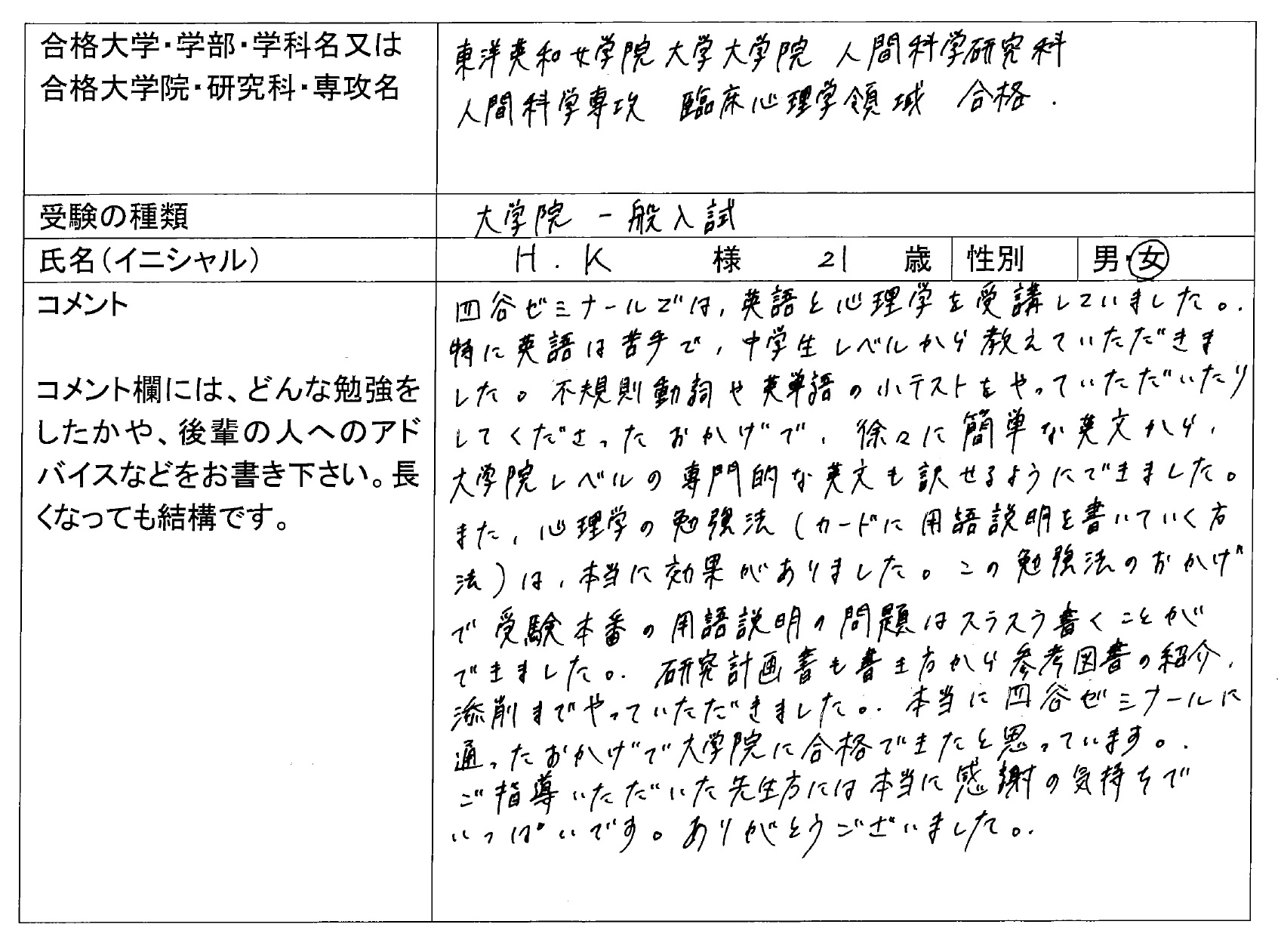 東洋英和女学院大学大学院 人間科学研究科 臨床心理学領域 合格 大学院入試 合格体験記 四谷ゼミナール