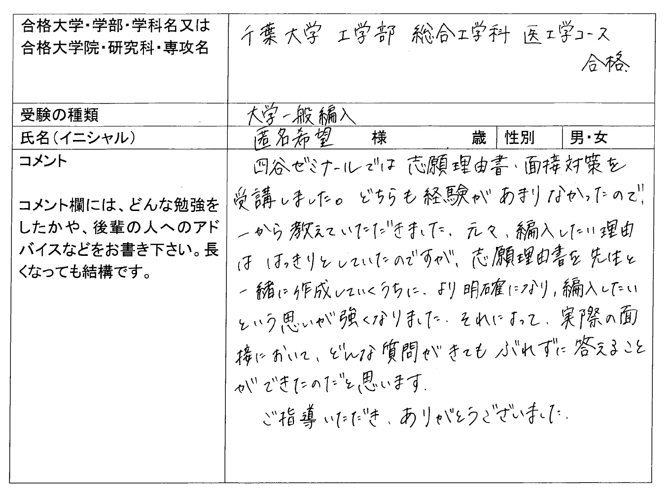 2020 千葉大学 工学部 編入 合格 大学編入 転部 合格体験記 四谷ゼミナール