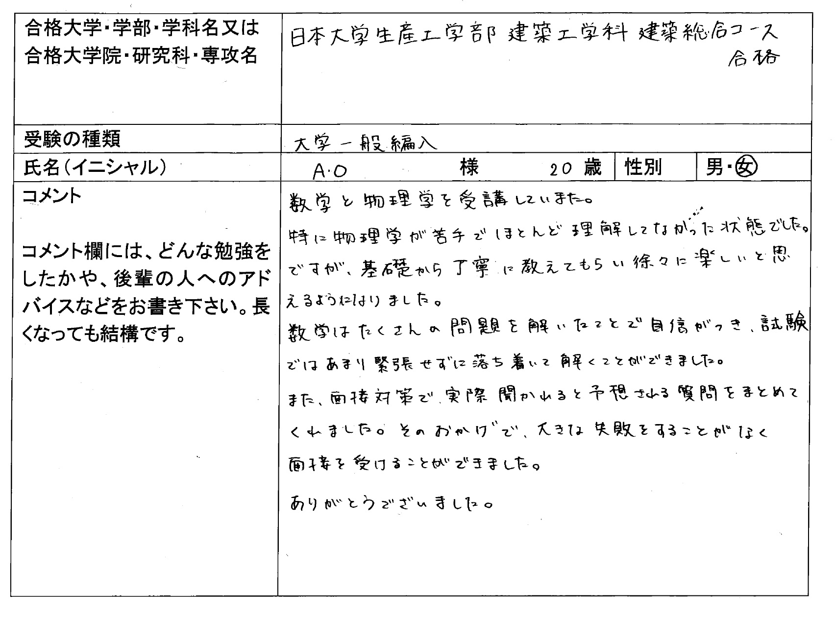 日本大学 生産工学部 建築工学科 編入 合格 大学編入 転部 合格体験記 四谷ゼミナール