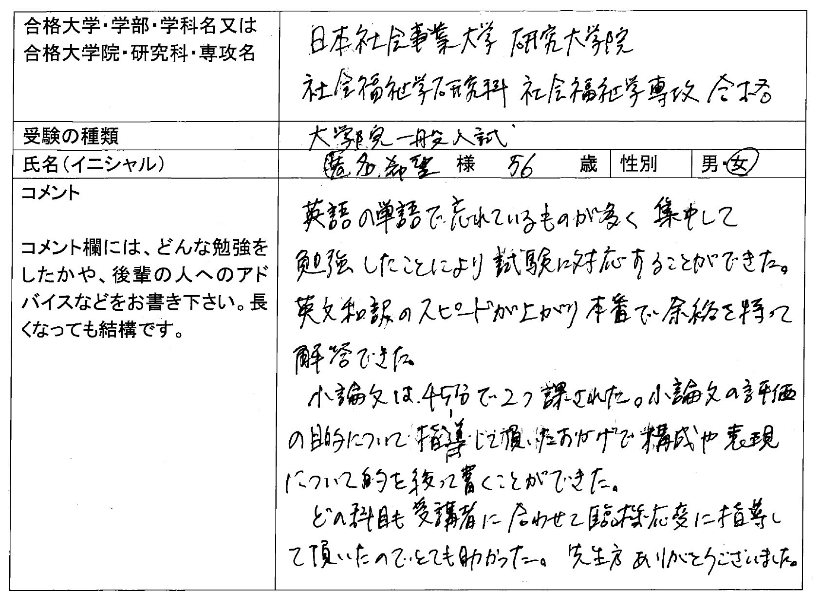 日本社会事業大学大学院 社会福祉学研究科 合格 大学院入試 合格体験記 四谷ゼミナール 日本社会事業大学大学院 社会福祉学研究科 合格 大学院入試 合格体験記 四谷ゼミナール